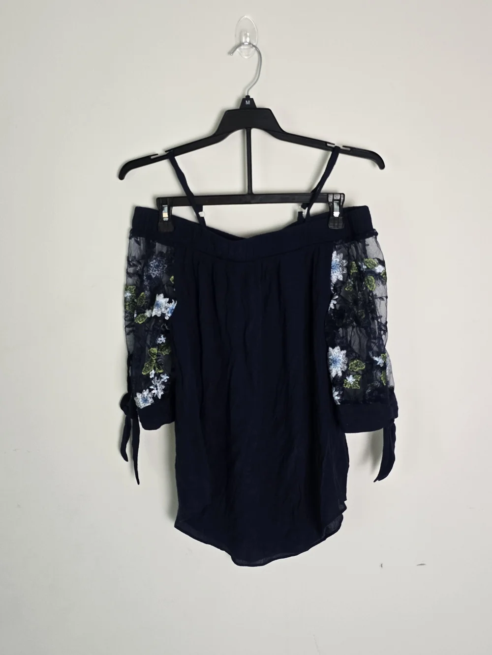 A. Byer Navy Off-Shoulder Camisole with Blue and Green Floral Embroidery
